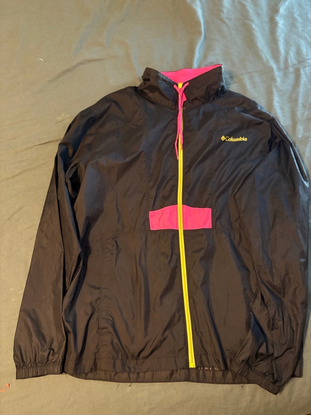 Columbia Black Windbreaker with Pink Trim and Yellow Zipper